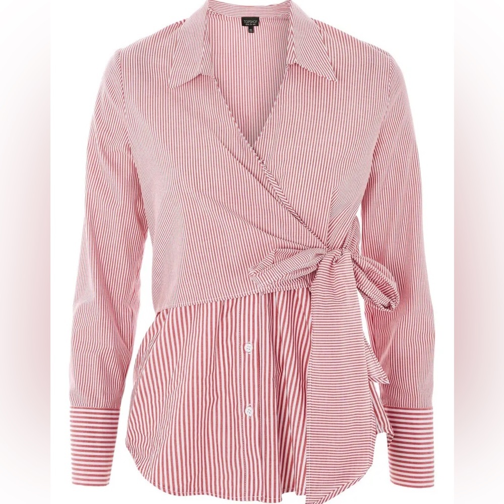 Who What Wear Red White Striped Wrap Bow Button Up Shirt XS
